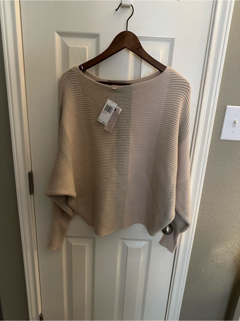 Philosophy Cream Ribbed Off-Shoulder Sweater with Subtle stripes